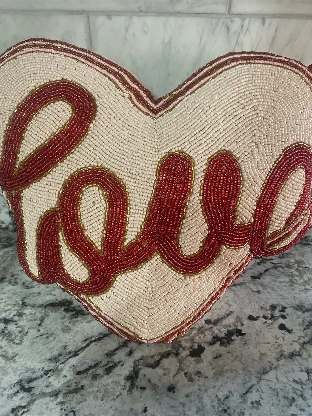 Beaded Heart Pillow with Red 'Love' Script